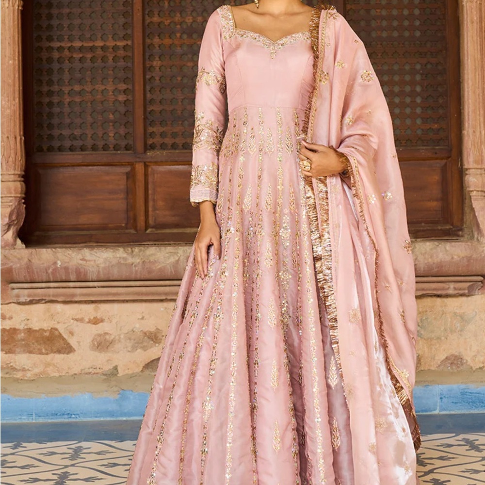 Lashkaraa Rose Pink Satin Organza Anarkali gown comes with matching dupatta
